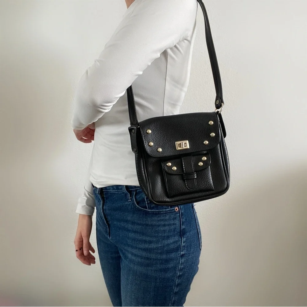 Vintage 80s black leather silver rivet purse shoulder bag - Picture 4 of 4